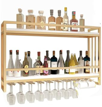 Weinregal aus Metall für die Wand, Barregale, Spirituosenregal zur Wandmontage für Spirituosenflaschen mit hängendem Weinglashalter, schwebender Barschrank, Flaschenpräsentationsregal für di