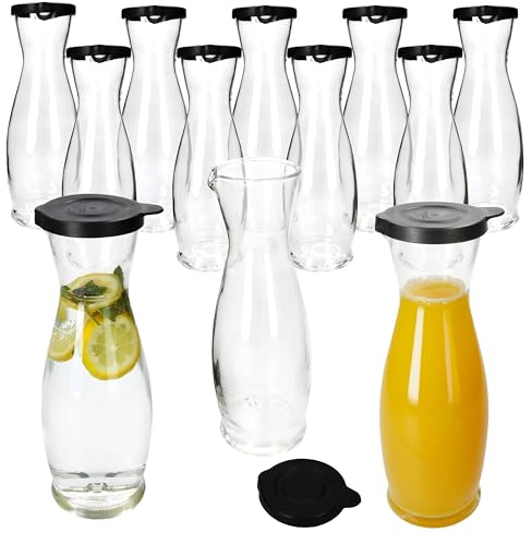 MamboCat 12er Set MIA MISURA Wein-Karaffe mit schwarzem Kunststoff-Deckel I 1 Liter, geeicht I Glas-Krug mit Ausgießtülle für Wein, Wasser, Saft, Milch & Co.