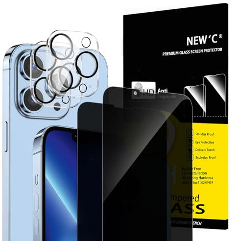 NEW'C 2x Pellicola Protettiva Privacy per iPhone 13 Pro (6,1 Pollici) e 2x Pellicola Vetro Protettiva Fotocamera Posteriore-Angolo di Privacy 28 Gradi Migliorato-Ultra resistente-Trasparente HD