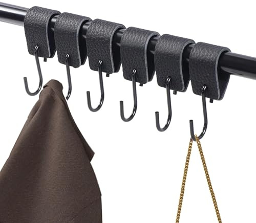 Lxoraziy 6 Stück S Haken Mit Lederschlaufe, Edelstahl S Haken Garderobenhaken Kleiderhaken Metallhaken, 12,5 * 3cm Haken zum Einhängen, für Garderobe Kleiderstange Stange Küche Badezimmer (Schwarz)