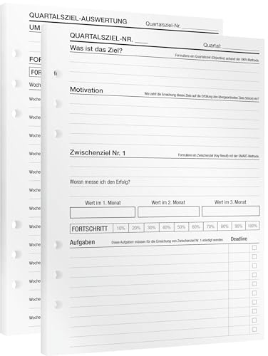 KOMPASS® Obiettivi trimestrali | 30 inserti DIN A5 per agenda ad anelli | raggiungere gli obiettivi con metodo OKR incl. pianificazione delle attività e riflessione, inserti per calendario giornaliero