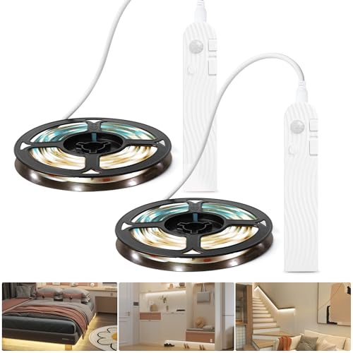 SOAIY 2er Set LED Streifen dimmbar 2M Lichtband mit Bewegungsmelder 2200mAh | wiederaufladbar Schrankbeleuchtung 3 Lichtfarbe LED Band Unterbauleuchte für Küche Kleiderschrank Treppe Bett Schlafzimmer