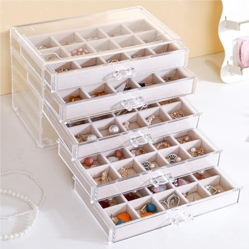 Jinavoty Caja de almacenamiento de aretes y joyas de acrílico, 3 cajones, 45 bandejas de terciopelo, organizador de joyería para mujeres y niñas (beige, 5'