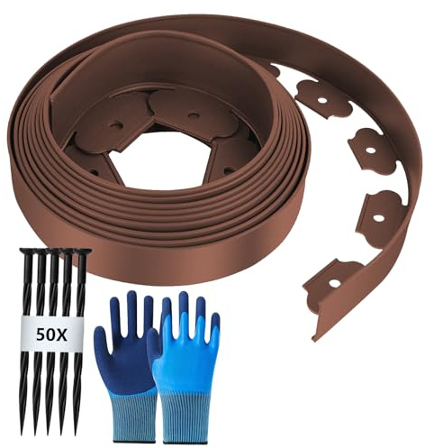 Bordure de Jardin Flexible Exterieur 10M, Bordure Jardin Hauteur 5cm avec 50 Clous et 1 Paire de Gants, Bordure Jardin Plastique, Bordure de Pelouse Flexible, Marron