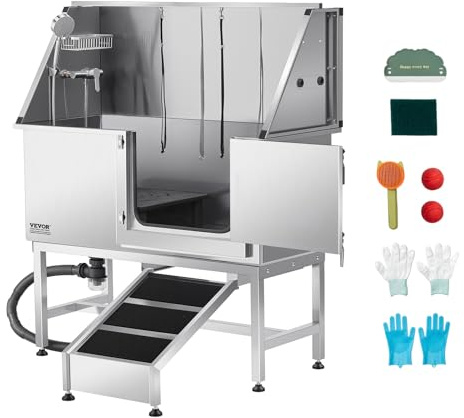 VEVOR Stainless Steel Dog Washing Station, 50 inch Pet Grooming Tub w/Ramp, PE Water Filter Board, Faucet & Showerhead & Soap Holder Dog Bathtub for Large & Medium & Small Pets (Right Door)
