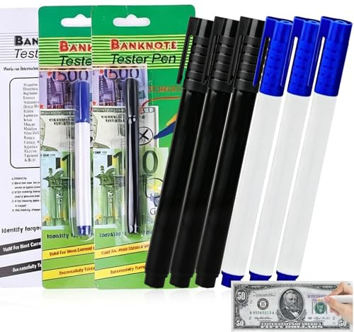 6 Stück Geldscheinprüfer Stift, Falschgeld Prüfer Stift, Geldprüfstift für Erkennung Gefälschter Banknoten, Stift Geldscheinprüfer für Euro, US-Dollar, Pfund usw, Schwarz+Weiß (Schwarz Weiß 1)