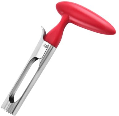 Jimkply äppelskärare i rostfritt stål, äppelurkärnare med tandat blad, för urkärning av äpplen, päron och paprika, lätt att använda med halkfritt handtag (röd)