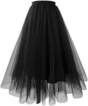 Gonna lunga in tulle da donna, stile anni 50, per carnevale, in costume, a ginocchio, con vita alta elasticizzata, linea ad A, a rete, sottogonna, rockabilly, maxi, da ballo, da sera, O nero., XL