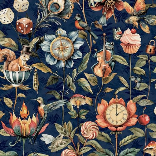 World of Wallpaper Curious Creatures, Multi/Navy Blue (50472) | Easy to apply wallcovering, Lightly Textured, Animal, Squirrels, Frogs, Foliage, Bedroom, Hallway (10.05m x 53cm roll)