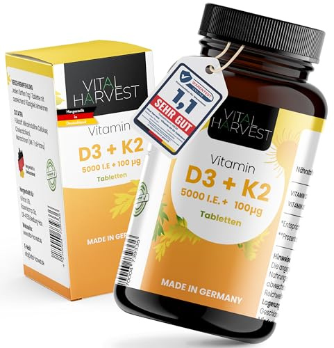 Vital Harvest® Premium Vitamin D3 K2 Tabletten 5.000 IE 120 Stück | Hochdosiertes D3 & K2 MK-7 |Vitamin D3 + Vitamin K2 MK7, Laborgeprüft und in Deutschland hergestellt (120 Tabletten)