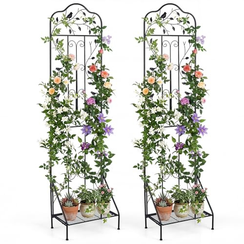 GOPLUS Rankgitter Metall, 2er Set Rankhilfe mit klappbarem unterem Regal, 190 cm hoch Gartenspaliere für Kletterpflanzen, dekorativer Gartenzaun, freistehende Blumenständer für Garten, Terrasse