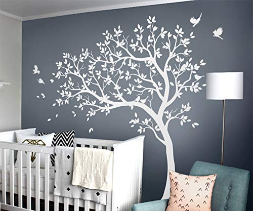 Weiß Baum Wandaufkleber Groß Baum Wandtattoo mit Vögeln KW032