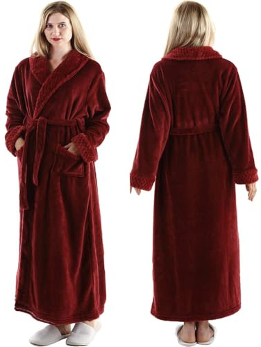 Dressing Gown Women Full Length Robe Plus Size Fleece Winter Warm Bathrobe, UK14-20(label XL), Wine Red