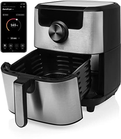 Princess Smart Heißluftfritteuse mit 4,5 Liter, Digitales Display, App-bedienbar (iOS und Android), Warmhaltefunktion, Edelstahlausführung, 182037