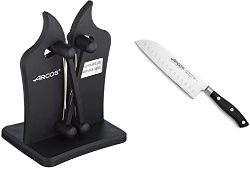 Arcos Afilador Profesional de Cuchillos y Cuchillo Santoku Asiático - Serie Riviera, Hoja de Acero Inoxidable Forjado NITRUM 180 mm, Mango de Polyoxymethylene