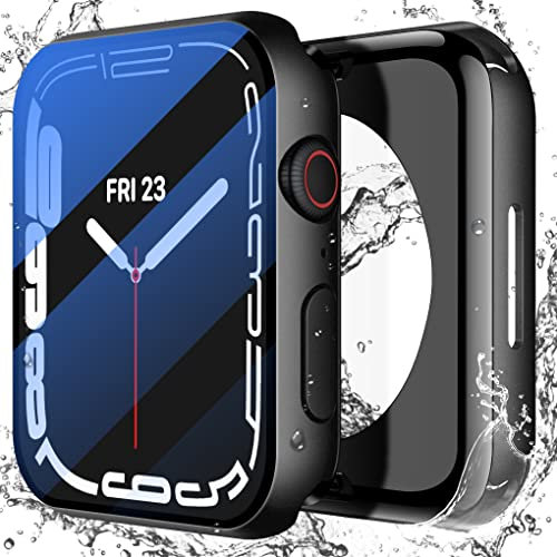 [2in1] Misxi Wasserdichtes Hülle mit Gehärtetem Glas Displayschutz für Apple Watch Series 9 Series 8 Series 7 45mm, 360 Vollschutz Front & Rückseite Stoßfeste Schutzhülle für iWatch, Schwarz