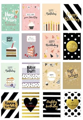 16 Premium Geburtstagskarten Happy Birthday 18x12cm - Klappkarten mit 16 weissen Umschlägen Karte zum Geburtstag Alles Gute Glückwunschkarten