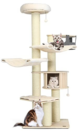 COSTWAY Kratzbaum Groß, 197 cm, Katzenbaum mit Hängematte & Katzenhöhle & Hängekorb & Bällen, 15 cm Dicke Stämme, Katzenkratzbaum Holz, Katzen Katzenmöbel, Kletterbaum Aktivitätsbaum Spielbaum, Beige