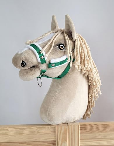 Super Hobby Horse Verstellbares Halfter für Hobby Horse A3 mit Fell. Set ohne Pferd. grün mit weißem Fell