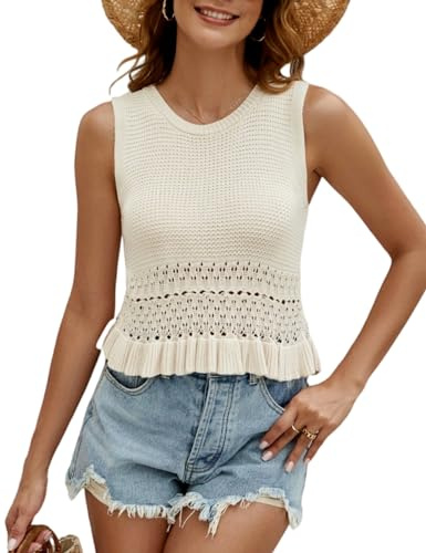 CiCiBird Women Cute Crop Sweaters Vest Knit Sleeveless Pullover Tops Crochet Ruffle Hem Tank Beige S