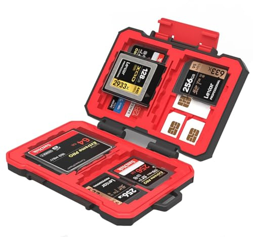 Ieron Estuche para Tarjetas de Memoria con 33 Ranuras, Soporte para Tarjetas CF SD SIM, Estuche para Tarjetas de Memoria Impermeable y a Prueba de Golpes con mosquetón, Compacto y portátil (Rojo)