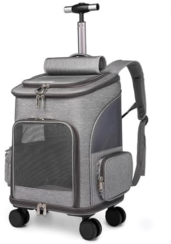 PJDDP Transportbox Katze,Hunde Transportbox Mit Rollen, Hunde Tragetasche Mobil, Transporttasche Mit Teleskopgriff, Klappbare Reisebox Für Kleine & Mittelgroße Haustiere,Grau