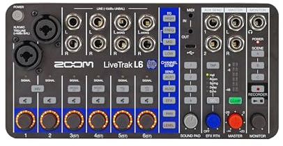 Zoom LiveTrak L6 Mixer/Recorder for Synth Players, Musicians, & Podcasters, with 10 Channels, 2 Combo + 4 Stereo Inputs, 32-Bit Float, MIDI, Effects, Battery Powered