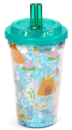 Puckator Shatterproof Capybara Double Walled Cup & Straw - Insulated Tumbler - Cups with Lids and Straws for Adults Children - Travel Thermal Cup with Straw - Water Bottles with Staw