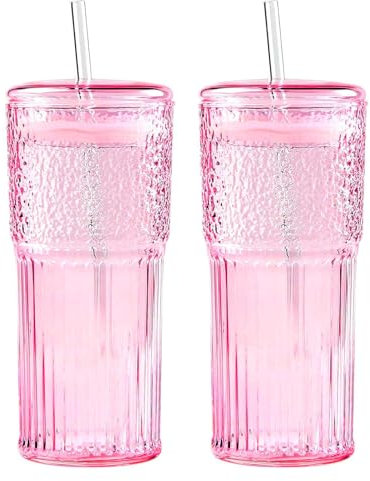 KOOSREEL Iced Coffee Cup, 2 Pack 20Oz/600ml Clear Glasses Cups with Lids and Glass Straws Drinking Glasses for Milk, Ice Water, Juice, Coffee, Soda,Cocktail,Cold or Hot Drinks