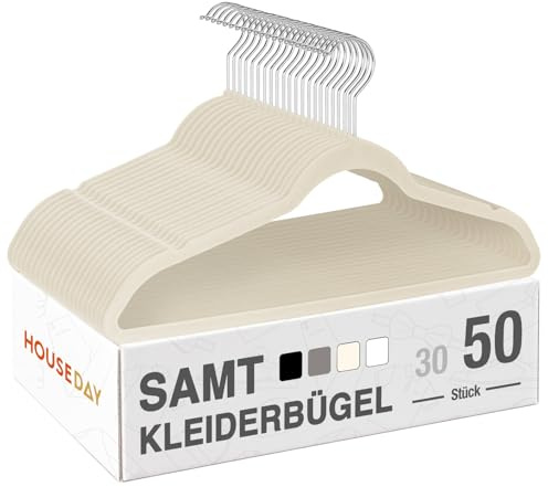 HOUSE DAY Kleiderbügel Samt 50er Set, rutschfeste Bügel, Beige | Kleiderbügel Platzsparend, Samtbügel Schmal mit 360° Drehbarer Haken, für Hemden, Anzüge, Mäntel, Pullover, Hosen