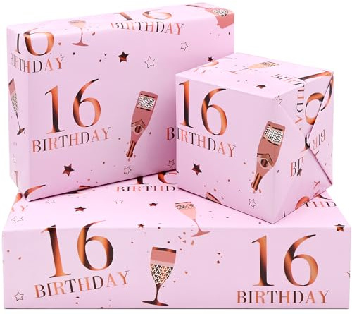 ADQUATOR Geschenkpapierbögen zum 16. Geburtstag, 50 x 70 cm, Roségold und Rosa, Happy Birthday Geschenkpapier für Mädchen, für Sie (5 Blatt)