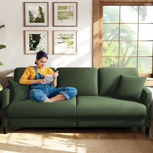 Welzona 211cm Sofa 3 Sitzer, Bequeme 3 Sitzer Sofas, Teddy Fleece Sofa Couch, Werkzeugfreier Aufbau Couches für Wohnzimmer, Ganzholz 3er Sitzsofa, Kleine Couch 2 Kissen inklusive, Grün