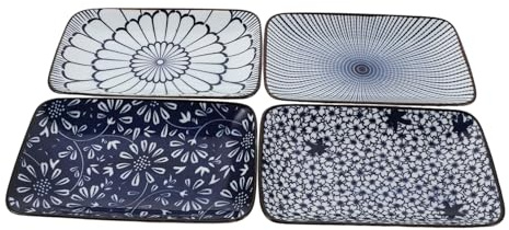 Cabilock Set de 4 Platos de Sushi Japonés de Cerámica Azul Diseño Rectangular y Superficie Lisa para Cenas y Cocina, Estilo Tradicional Japonés y Ahorro de Espacio