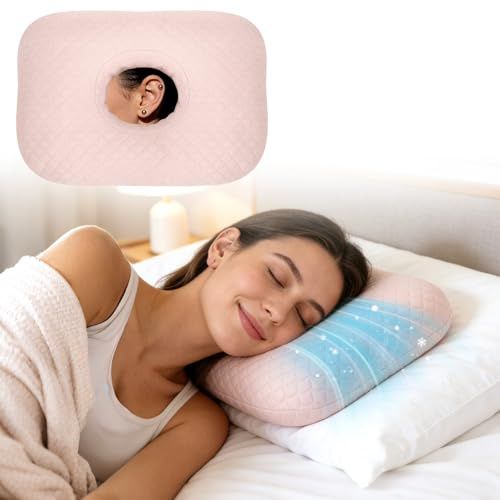 RoamReady Cooling Ear Piercing Pillow for Side Sleepers | Earring Pillow with Hole for Sleeping, Washable Donut Pillows For Piercing, Headphone,CNH, Ear Pain Pressure Relief, Pink