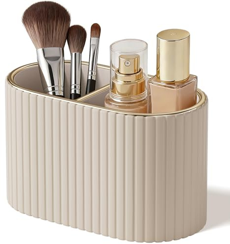 KINGFOM Makeup Brush Holder Organizer with Divider, PU Leather Vanity Brush Holder for Bathroom Countertop & Dressing Table, Cosmetic Desktop Storage Caddy for Makeup Tools Oval, Gift for Women Beige