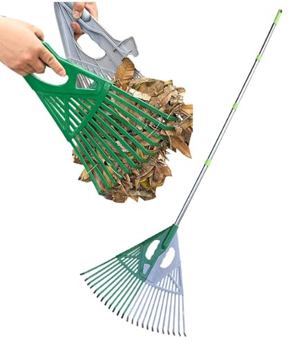 Rastrello per foglie – raccogli detriti ergonomico con manico lungo, tappeto erboso 56 x 47 cm, raccoglitore di aghi di pino resistente, strumento per la manutenzione del paesaggio autunnale | Prati