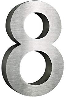 Hausnummer 8 Edelstahl 3D Design Arial rostfrei witterungsbeständig 20cm Höhe gebürsteter Edelstahl V2A inkl. Montagematerial Alle Hausnummern erhältlich: 0 1 2 3 4 5 6 7 8 9 A B C D