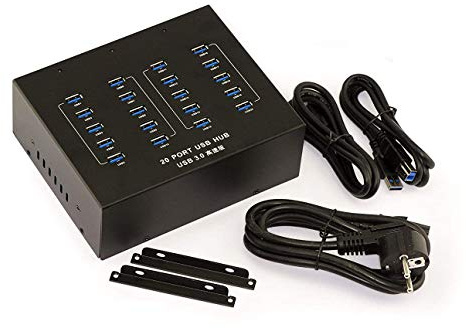 KALEA-INFORMATIQUE Estación de Carga y HUB USB Tipo Industrial. 20 Puertos USB 3.0 5G con Fuente de Alimentación de 20A. Montable o en Bastidor