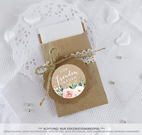 Freuden Tränen Taschentücher Set zur Hochzeit Klein 24 Sticker + 24 braune Flachbeutel 63 x 93 mm Freudentränen Taschentuch Verpackung BOHO HIPPIE ROSEN EUKALYPTUS KRAFTPAPIER APRICOT ROT ROSA