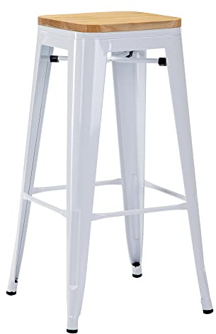 Duhome Sgabello Bar Industriale Esterno, Set di Sgabelli Bar Alto in Metallo, Impilabile Sgabelli da Pranzo, Scandinavian Sgabello Alta per Cucina, Pranzo, Pub, Moderni (Bianco +Legno, 76cm-1PCS)