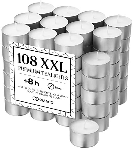 Cia&Co - Lot de 108 bougies chauffe-plat XXL, longue durée, 8 heures Bougie blanche en paraffine, sans parfum. Idéale pour l'hôtellerie.