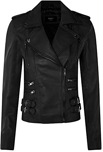 Giacca da Moto Nero Opaco Retrò in Pelle 100% Nappa da Donna XL