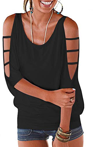 Noir T Shirt Épaules Dénudées Femme à Manches 3/4 Coton Oversize Tops D'Été Décontractés col Rond et Coupe Ample Haut Été 2026