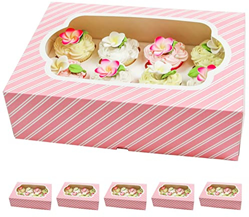 Global Sugar Art 14x10x4 Inch Cupcake Box with Window, Pink, 5-Count