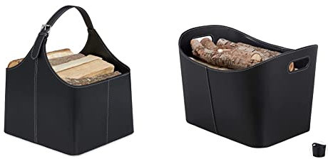 Relaxdays Holzkorb für Kaminholz, Kaminholzkorb aus Kunstleder, mit Henkel, schwarz & schwarz Kaminholzkorb Kunstleder XL, stabiler Feuerholzkorb mit Tragegriffen, für Brennholz & Zeitungen, oval