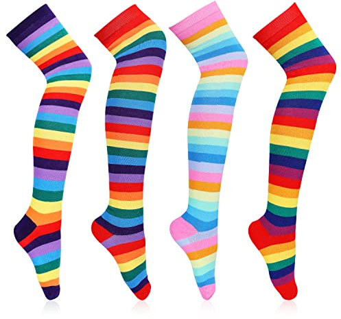 KINBOM 4 paia Alzini Arcobaleno, Calze Lunghe a Righe Colorate Calzini Donna a Righe Colorati Calze di Halloween per Natale Costume Cosplay Festa di Travestimento