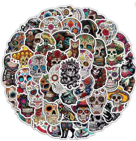 Tuqiso 50 Stück Totenkopf-Aufkleber Halloween Sugar Skull Decals Dia de Los Muertos Mexikanischer Tag der Toten Aufkleber für Laptop Wasserflasche Gepäck Fahrrad Computer