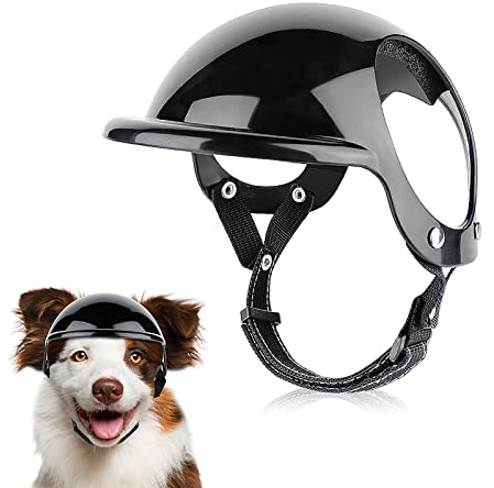 PETLESO Haustierhelm Hund-Motorradhelm Hundehut mit Verstellbarem Stirnband Schutzhelm mit Ohrlöchern zum Stabilen und Bequemen Tragen für Outdoor-Aktivitäten beim Motorradfahren (Schwarz-M)