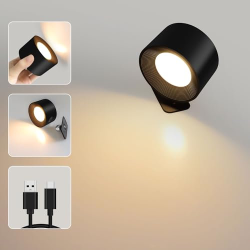 Caldarax LED Wandleuchte Innen, Wandlampe mit Akku, Touch Control 3 Farbmodi 3 Helligkeitsstufen, 360° drehbare, für Wohnzimmer Schlafzimmer Treppenhaus Flur Kabellose Wandleuchten, Schwarz, 1 Stück