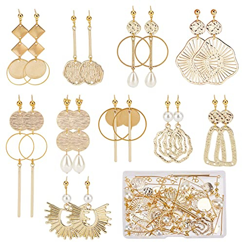 SUNNYCLUE 1 Box DIY 10 Paar Flache Runde Charms Geometrie Ohrringherstellung Starter Kit Stanzrohlinge Runde Verbindungs Charm Kreisglieder Edelstahl Charm Imitationsperlen Für Die Schmuckherstellung